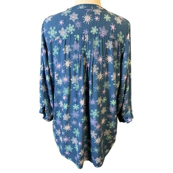 Coldwater Creek 3/4 Sleeve Pintuck Snowflake Whimsy Tunic Large Blue Aqua Purple - Picture 4 of 8